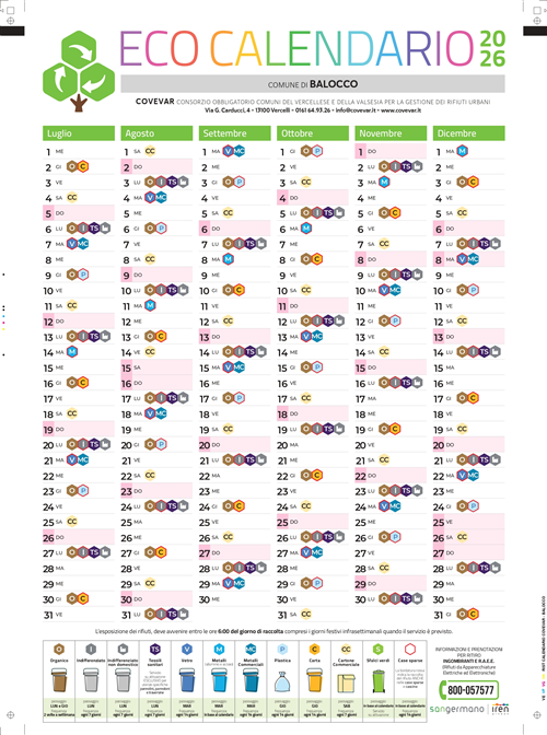 Calendario raccolta rifiuti 2026